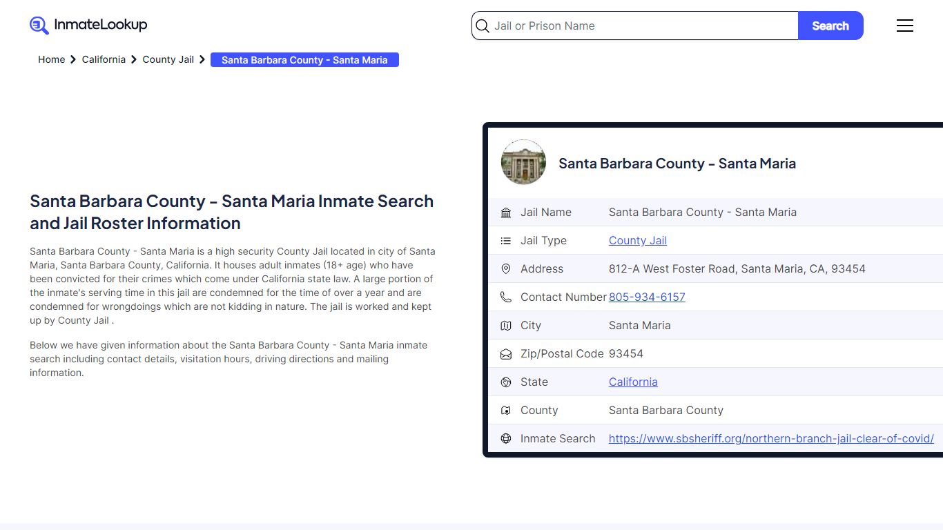Santa Barbara County - Santa Maria Inmate Search - Inmate Lookup